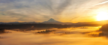 Sunrise Over Mt Hood View and Foggy Valley from Scenic Viewpoint in Sandy Oregon Panoramaの写真素材