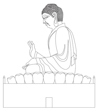 Big Asian Buddha Sitting on Lotus Pad Statue Black and White Line Art Illustrationのイラスト素材