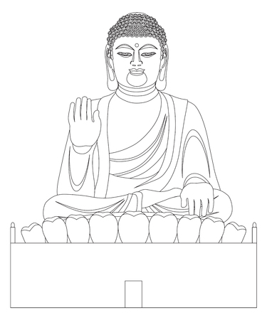 Big Asian Buddha Sitting on Lotus Pad Statue Front Facing Black and White Line Art Illustrationのイラスト素材