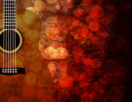 Guitar with Bokeh Musical Notes and Red Grunge Texture Background Illustrationの写真素材