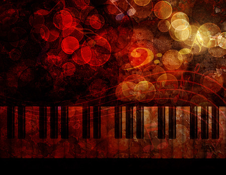 Piano Keyboard with Bokeh Musical Notes and Red Grunge Texture Background Illustrationの写真素材