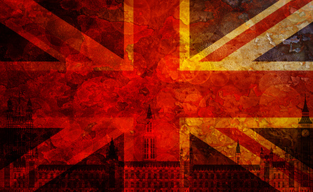 Westminster Palace Big Ben Union Jack Great Britain Flag with Grunge Texture Background Illustrationの写真素材