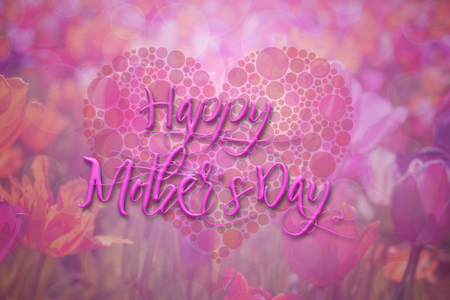 Happy Mothers Day with Polka Dot Heart on Tulip Flowers Bokeh Background Illustrationの写真素材