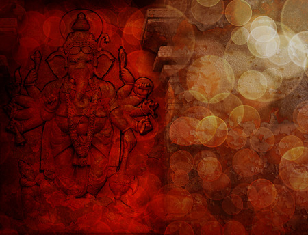 Hindu God Ganesh with Many Arms Carved Wall Relief on Exterior of Hindu Temple in Red Grunge Texture Backgroundの写真素材