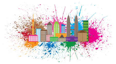 Kuala Lumpur Malaysia City Skyline Color Paint Splash Splatter Isolated on White Background Illustrationのイラスト素材