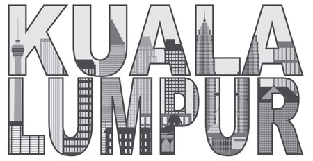 Kuala Lumpur Malaysia City Skyline Grayscale in Text Outline Isolated on White Background Illustrationのイラスト素材