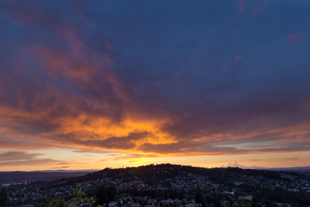 Stormy Fiery Sunset Sky over Happy Valley Oregon in Clackamas Countyの写真素材