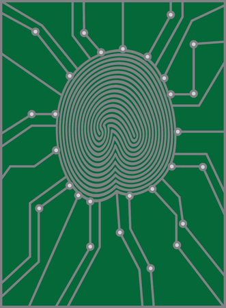 Thumbprint with Circuit Board for authentication identification black and white illustrationのイラスト素材