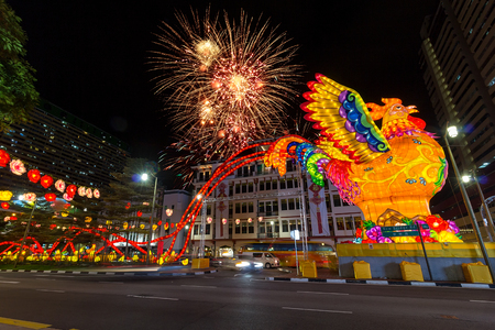 Singapore Chinatown 2017 Lunar Chinese New Year Celebration with Fireworks and Year of the Rooster Decorationの写真素材