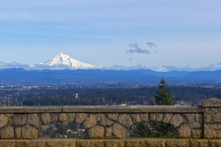 Mount Hood view on a sunny day from Rocky Butte in the city of Portland Oregonの写真素材