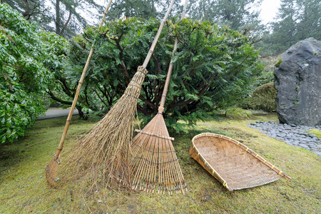 Japanese Garden Landscape Bamboo Reed Gardening Tools Closeupの写真素材