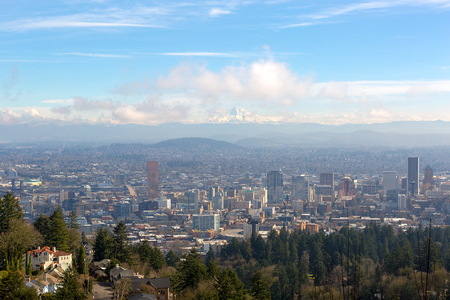 Portland Oregon downtown cityscape with Mt Hood on a beautiful sunny day scenic viewの写真素材