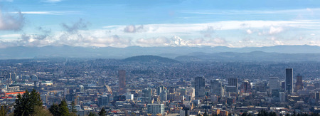 Portland Oregon downtown cityscape with Mt Hood on a beautiful sunny day scenic view panoramaの写真素材