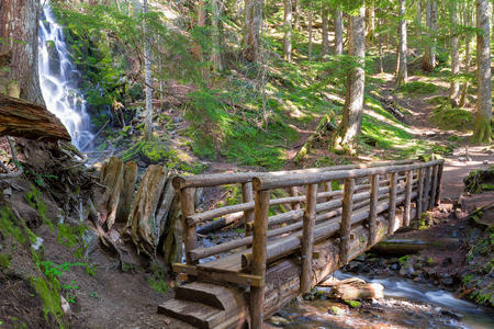 Wooden Foot bridge along hiking trail by Ramona Falls Creek in Mount Hood national Forest Oregonの写真素材