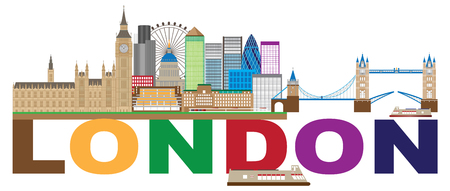 London England Skyline Panorama with Tower Bridge and Westminster Palace with Color Text Illustrationのイラスト素材