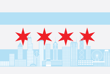Chicago City Skyline Panorama Color Outline Silhouette with City Flag Isolated on White Background Illustrationのイラスト素材