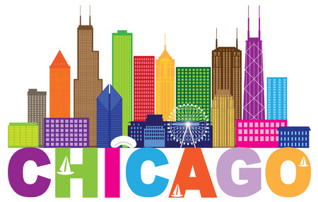 Chicago City Skyline Panorama Color Outline Silhouette with Text Isolated on White Background Illustrationのイラスト素材