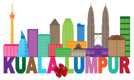 Kuala Lumpur Malaysia City Skyline Color Text Stae Flower Hisbicus Isolated on White Background Illustrationのイラスト素材