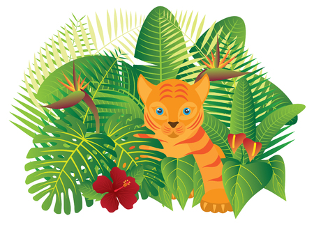 Tropical Rain Forest  Jungle Plants with Leaves Flowers and Tiger Cub Isolated on White Background Color Illustrationのイラスト素材