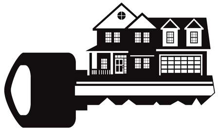 Key to two level new house with two car garage black and white outline abstract illustrationのイラスト素材