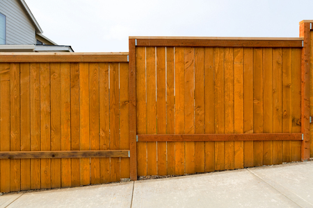 New home backyard cedar wood fence constructionの写真素材