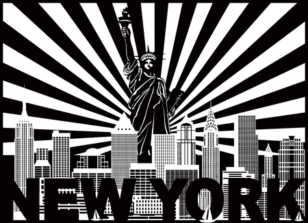New York City Skyline with Statue of Liberty sun rays and text Black and White Outline Illustrationのイラスト素材
