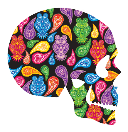 Human skull head silhouette with paisley floral owl colorful pattern illustrationのイラスト素材