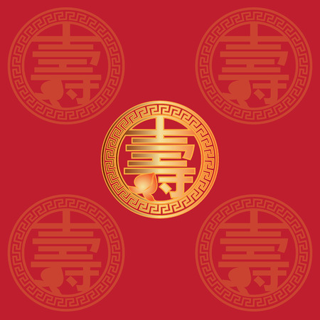 Longevity Chinese gold text symbol with peach fruit red background greeting card illustrationのイラスト素材