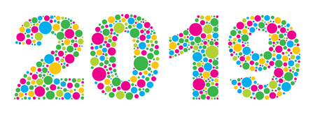 Happy New Year 2019 Silhouette with Colorful Polka Dots Illustration Isolated on White Backgroundのイラスト素材