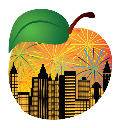 Atlanta Georgia City Skyline Night Sky Fireworks Silhouette Inside Peach Fruit Outline Illustrationのイラスト素材