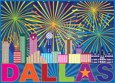 Dallas Texas City Skyline Outline Fireworks Display with Text and Lone Star Abstract Illustrationのイラスト素材
