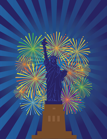 Statue of Liberty on Staten Island in New York City Fireworks Night Illustrationのイラスト素材