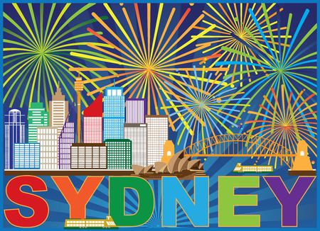 Sydney Australia Skyline Landmarks Harbour Bridge Colorful Abstract Fireworks Display Background Illustrationのイラスト素材