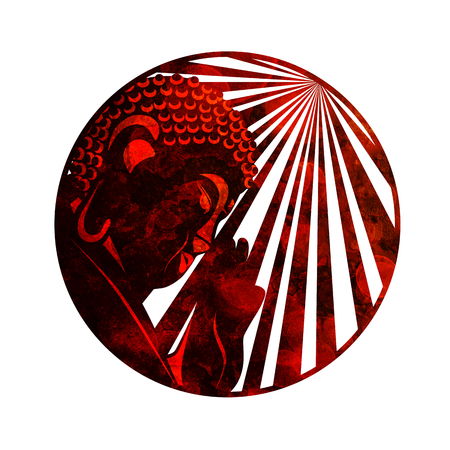 Buddha with raised hand palm and sun light rays in circle border red grunge rustic texture illustrationの写真素材
