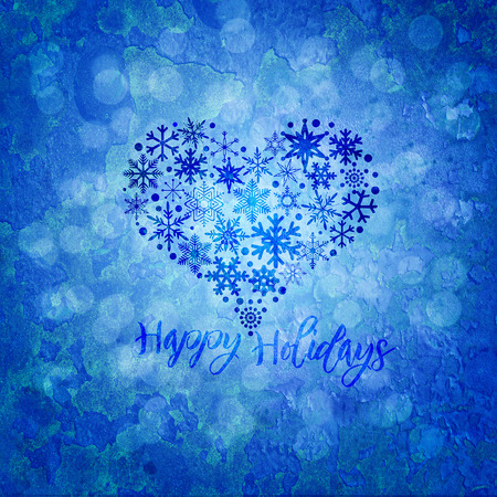 Christmas Happy Holidays Snowflakes Heart Shape on Blue Blurred Grunge Texture Background Illustrationの写真素材