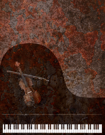 Grand Piano Keyboard and Violin Musical Instruments on Grunge Texture Backgroundの写真素材