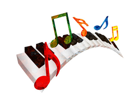 Piano Keyboard with Black and White Wavy Keys and Colorful Music Notes in 3D grunge texture isolated on White Background Illustrationの写真素材