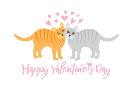 Pair of Calico and Tabby Cats Snuggling  with Happy Valentines Day textのイラスト素材