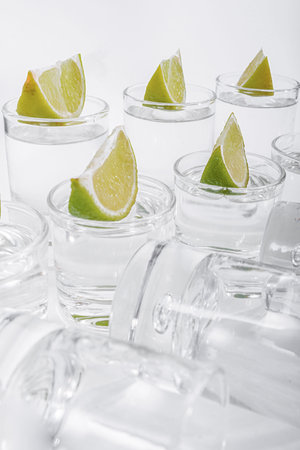 Vertical image of lemon slices on tequila cups on a white background - Luxurious Tequilaの写真素材