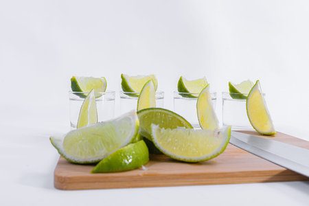 Close-up of lemon slices on a wooden cutting board and wine glasses with lemon slices on top in the...