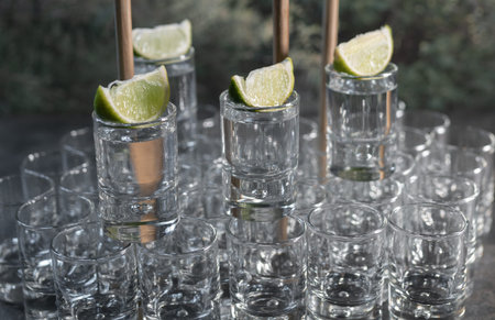 Lemon slices on top of tequila glasses that are on top of other glass glasses in a bar on a black...