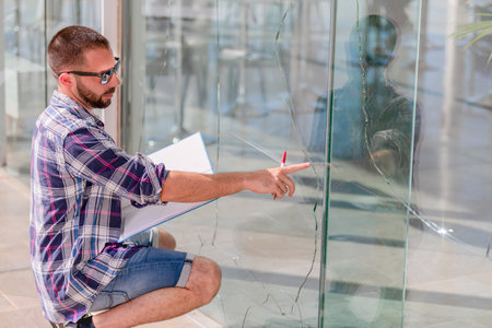 Insurance manager giving a diagnosis of a broken glass. Home insurance concept