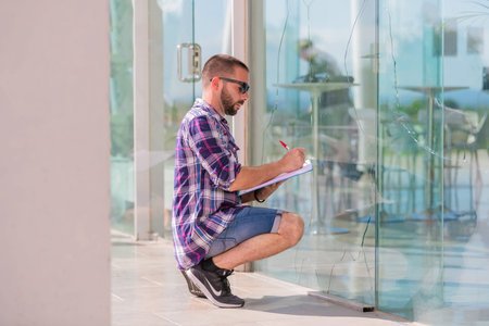 Crouching man writes down notes in front of a cracked glass door. Out of focus background.