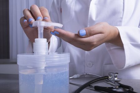 Hand sanitizer alcohol gel rub cleaning hands for hygiene prevention of corona-virus virus pandemic banner panoramic header.の写真素材