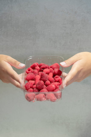 Female hands holding a plastic box full of delicious looking raspberries on an out of focus gray...
