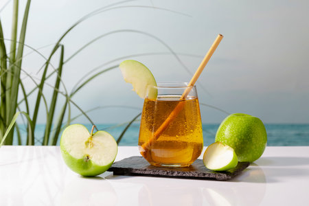 Delicious looking glass of apple juice with a straw and an apple slice on a dark plate surrounded by...