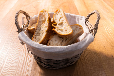 view of a basket full of bread slices on a wooden table. Traditional and healthy food concept.