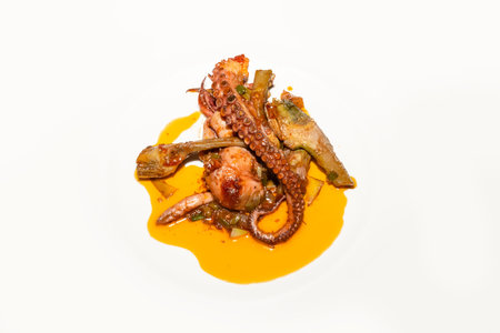 Top view of freshly made octopus and artichoke