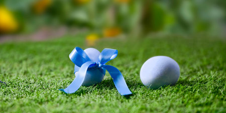 Blue easter egg with a ribbon on grass
