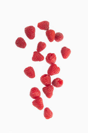 Falling fresh raspberries on a light backgroundの写真素材